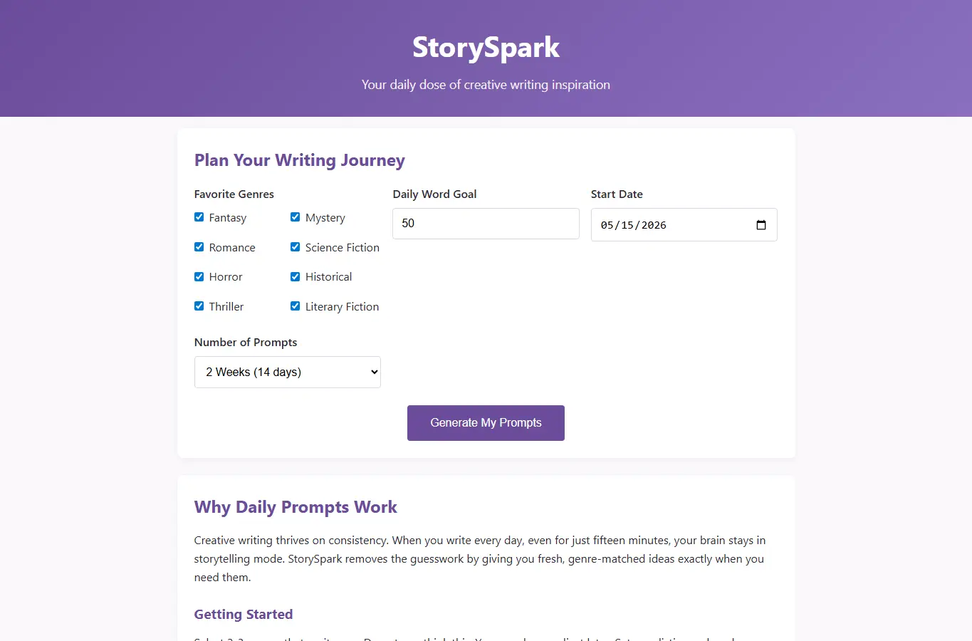 Screenshot of StorySpark: Daily Writing Prompts interface showing the project page in use